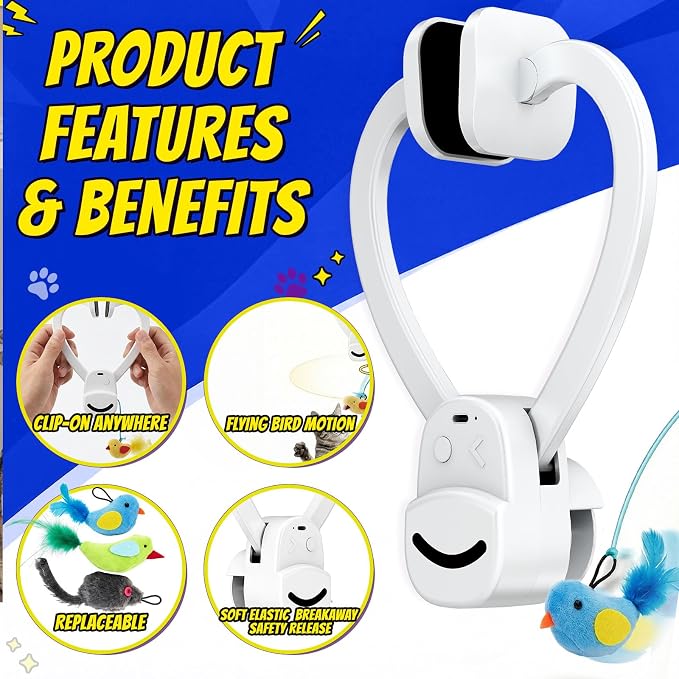 CATPICK Interactive Doorway Cat Toy, No-Adhesive Clip-On for Indoor Cats | Automatic Retractable bird-and-mouse motion with 8-minute auto-play, touch-to-wake response, USB charging, 2 birds & 1 mouse