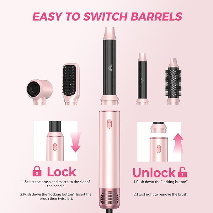 Atopskins 5 in 1 Hair Dryer Brush Set, Hot Air Styler, Detachable Blow Dryer Brush, 3 Heat Settings Auto Curling Wrap Styler, Ionic Hair Styling Tools, Straight Curl Dry Volumiz Smooth (Pink)