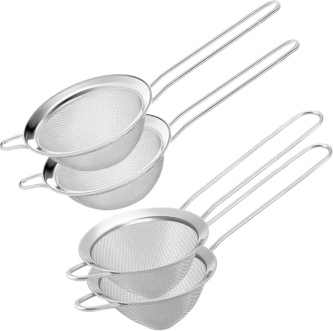 Small Fine Mesh Strainer Set, Stainless Steel Mini Sieve, Bar Strainer for Cocktail, Juice, Coffee, Tea Strainer for Loose Leaf Tea, Mini Sifter for Matcha, Flour, 4 PCS | 3.15 In Mini Strainer, for Cocktails, Loose Tea, Juice, Fits Most Cups and Mugs
