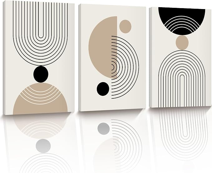 HesenDot Abstract Geometric Wall Art Set of 3, 40x60CM Minimalist Line Framed Canvas Prints, Boho Modern Beige Black Shapes Wall Decor for Living Room Bedroom Bathroom Office Home
