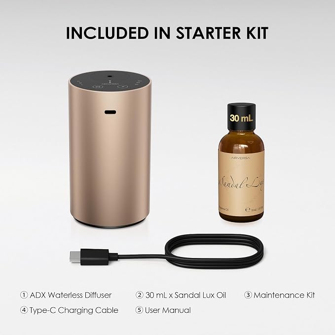 Airversa ADX Waterless Essential Oil Diffuser Starter Kit, Titanium | 30 mL ST 33# Hotel Scent Fragrance Oil, Battery Operated, Up to 600 sq ft, Portable for Home Car Office, ADXKit-30-E