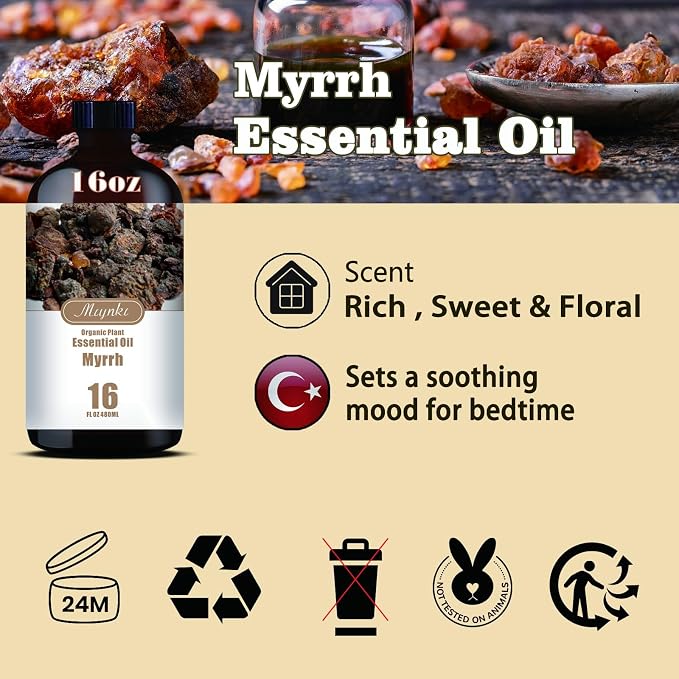 Myrrh Essential Oil, Myrrh Oil for Meditation, Diffuser, Humidifier, Massage, DIY Soap, Candle, Skin Care, Yoga, Gift Ready, Myrrh Fragrance Oil - MLYNKL Essential Oils (16.33 fl oz / 490ml)
