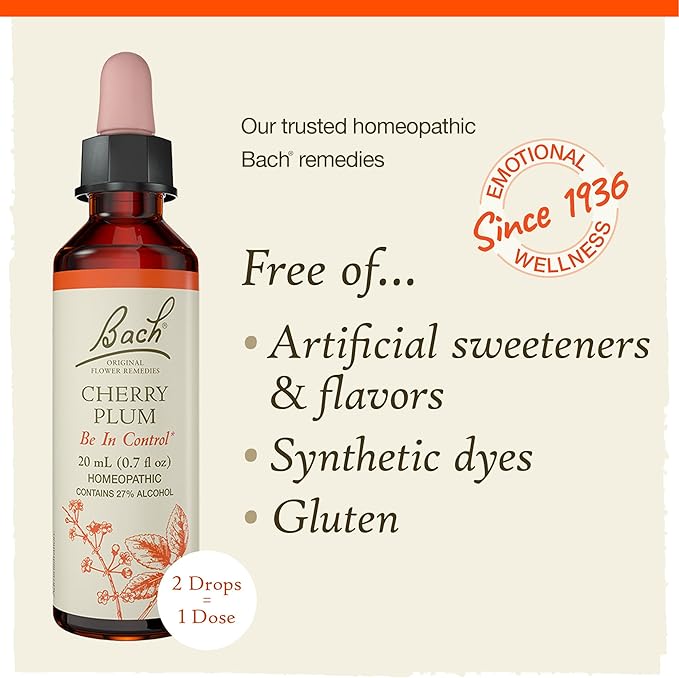 Bach Original Flower Remedies, Cherry Plum - Be in Control - Natural Homeopathic Flower Essence for Emotional Balance - Vegan, Gluten Free, Sugar Free - 20mL Dropper