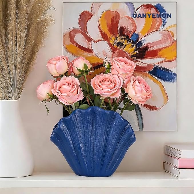 Shell-Shaped Vase for Living Room Decor, Ceramic Vases for Modern Home Decor, Unique Vase for Farmhouse Decor, Aesthetic Room Decor, Nordic Decor, Shelf Decor, Centerpiece Table Decor (Blue)