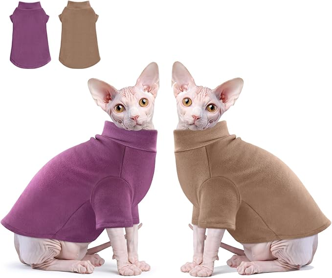 Idepet Sphynx Cats Sweater 2 Pack,Turtleneck Hairless Cat Shirt Soft and Warm Kitten Clothes with Sleeves Pullover Pet Winter Pajamas Jumpsuit for Cat Puppy (Purple&Brown, Large)
