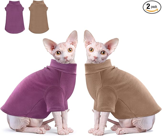 Idepet Sphynx Cats Sweater 2 Pack,Turtleneck Hairless Cat Shirt Soft and Warm Kitten Clothes with Sleeves Pullover Pet Winter Pajamas Jumpsuit for Cat Puppy (Purple&Brown, X-Large)