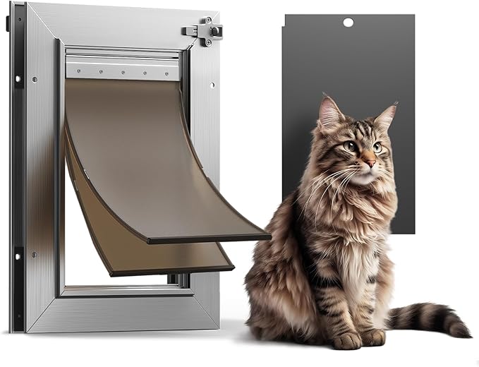 Aluminum Cat Door Interior Door, Pets Up to 22 lb | Rust Proof Heavy Duty Small Doggie Door for Exterior Doors, 2 Soft Magnetic Flaps, Sliding Closing Panel, Easy Installation