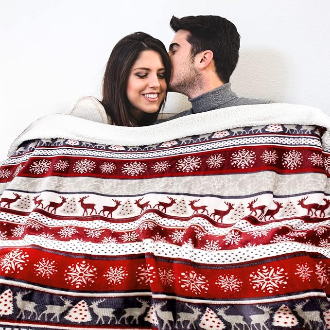 PAVILIA Premium Christmas Sherpa Throw Blanket | Christmas Decoration Reindeers, Fleece, Plush, Warm, Cozy Reversible Microfiber Holiday Blanket 60x80