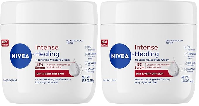 Nivea Intense Healing Body Cream for Dry Skin with Glycerin, Provitamin B5 & Niacinamide, 72-Hour Moisture, Non-Greasy, 13.5 oz Jar (Pack of 2)
