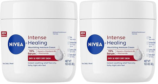 Nivea Intense Healing Body Cream for Dry Skin with Glycerin, Provitamin B5 & Niacinamide, 72-Hour Moisture, Non-Greasy, 13.5 oz Jar (Pack of 2)