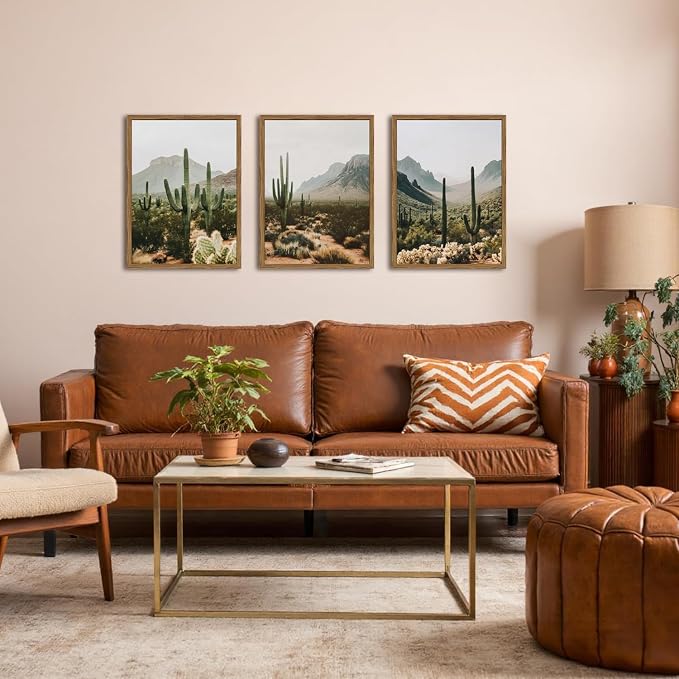 Framed Desert Landscape Wall Art Set of 3, Vintage Southwestern Cactus Wall Decor Paintings, Mexican Mountain Botanical Pictures Canvas Prints for Living Room Bedroom Bathroom Office 16x24 inch