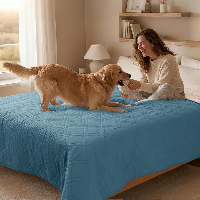 100% Waterproof Washable Dog Blanket，Gray Blue+Apricote 35"x71" | ,7-Layer Reversible Couch Covers for Dogs Met for Sofa Furniture Car Camping