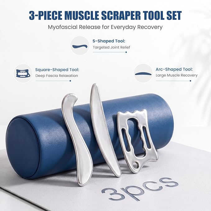 THLHKD 3 in 1 Muscle Scraper Tools Set, Stainless Steel Gua Sha Scraping Massage Tool for Physical Therapy, Sports Injury Recovery, Pain Relief Deep Tissue Massage