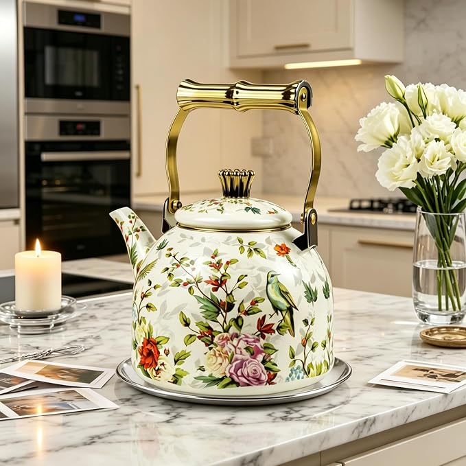Vintage Enamel Tea Kettle Birds Floral Boho Stovetop Teapot with Gold Handle 2.5L Enamel Kettle Bohemian Kitchen Decor Ideal Gift for Housewarming Camping Coffee Pot