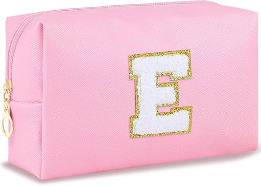 URSKYTOUS Initial Makeup Bag for Women Travel Small Cosmetic Bag Cute Pink Personalized Preppy Makeup Pouch for Purse Zippered Toiletry Organizer PU Leather Makeup Bag Makeup Case for Christmas（E）