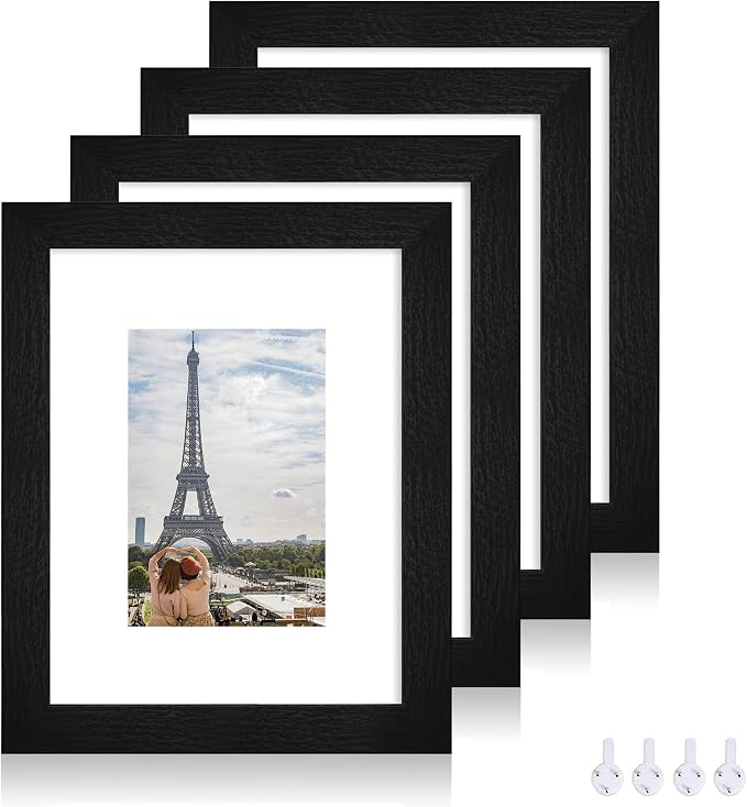 Hongkee 8x10 Picture Frame Set of 4, Made of Real Glass and Rustic Black Wooden Frame, 8 by 10 Photo for Wall or Tabletop - Display Picture 5x7 with Mat or 8x10 Without Mat