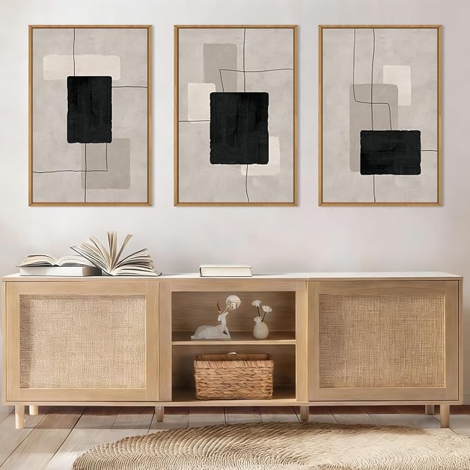 ANHUIB Modern Abstract Wall Art Canvas,Neutral Abstract Wall Art Framed,Contemporary Minimalist Prints,Geometric Line Artwork,3 Piece 24 * 36IN Mid Century Painting for Living Room Bedroom Office