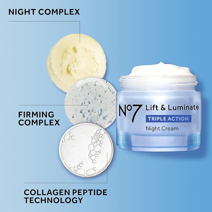 No7 Lift and Luminate Triple Action Fragrance-Free Night Cream – Anti-Wrinkle Collagen Peptide Brightening Moisturizer with Hyaluronic Acid, Hibiscus, and Vitamin C (50ml)