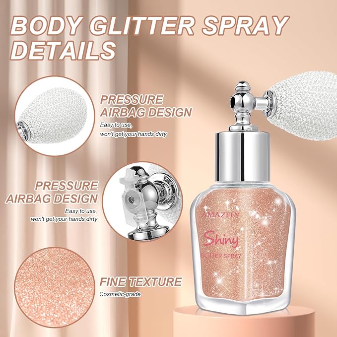 Hair and Body Glitter Spray, Shimmering Powder Sparkle Powder Makeup, Glitter Loose Sparkle Makeup for Body Highlighter,Festival Prom Rave Accessories (Champagne)