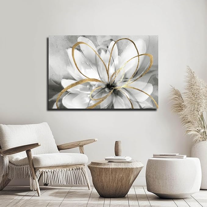 SOUGUAN White Floral Wall Decor Grey Background Modern Painting Wall Art 24"x36" Neutral Artwork Paintings for Bedroom Kitchen Pictures