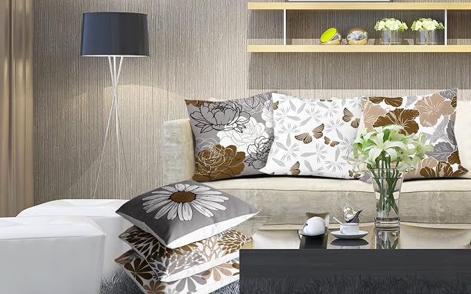 COMMINY Brown Grey Pillow Covers 18x18 Set of 6 Decorative Daisy Flower Throw Pillow Cover for Couch Modern Coffee Pillow Case for Patio Living Room Cushion Bed Farmhouse Home Decor | brown daisy Floral, decorative cushion cover, Breathable Linen, stan...
