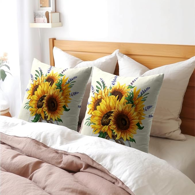 Kawani Sunflowers Throw Pillow Covers 16x16 Inch Set of 2 Summer Bright Yellow Purple Floral Mason Jar Pillowcase Cotton Linen Square Cushion Case Decoration for Couch Sofa Bed Car Home Office