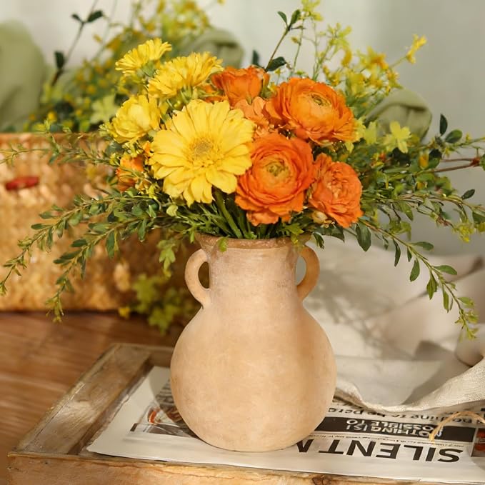 Brown Glass Vase with Handles - 7.5 Inch Rustic Terracotta Style Flower Vase, Vintage Decorative Round Bud Jar for Dried Flowers, Earthy Aesthetic Centerpiece for Modern Farmhouse & Boho Home Decor