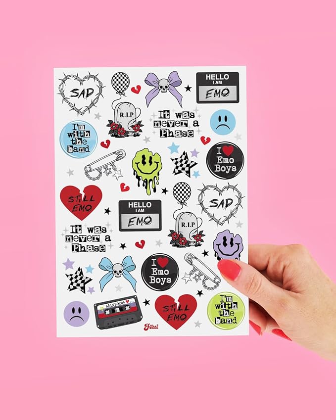 xo, Fetti Emo Temporary Tattoos - 54 Styles | Birthday Decorations, Grungy Accessory, Party Favors, Goth, Punk Rock, Dark Aesthetic, Sad Girl Accessories, Music Festival, Concert, Emo Night Supplies