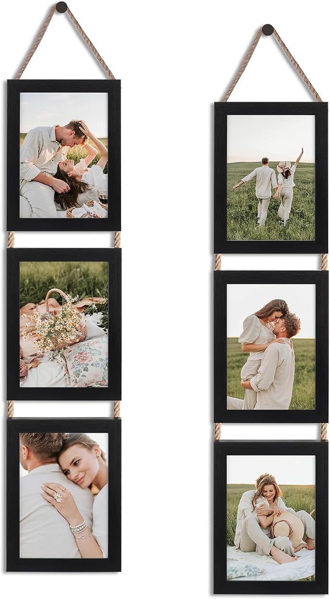QUTREY 5x7 Collage Picture Frames Black, 6 Openings Vertical Hanging Photo Frame Set Display 5 by 7 inch Pictures for Wall Decor, 2 Pack