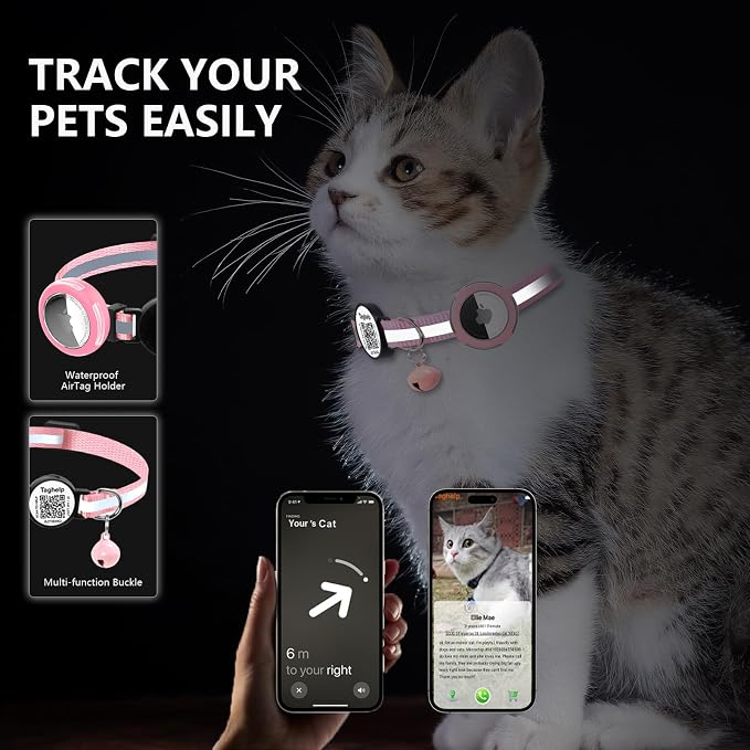 Waterproof Airtag Holder Cat Collar .Lightweight Kitten Collar for Apple Air tag. Solid &Safe,Reflective Pet Collar, Breakaway Smart ID tag, Scan QR Code for Instant Location Alerts (Black A)