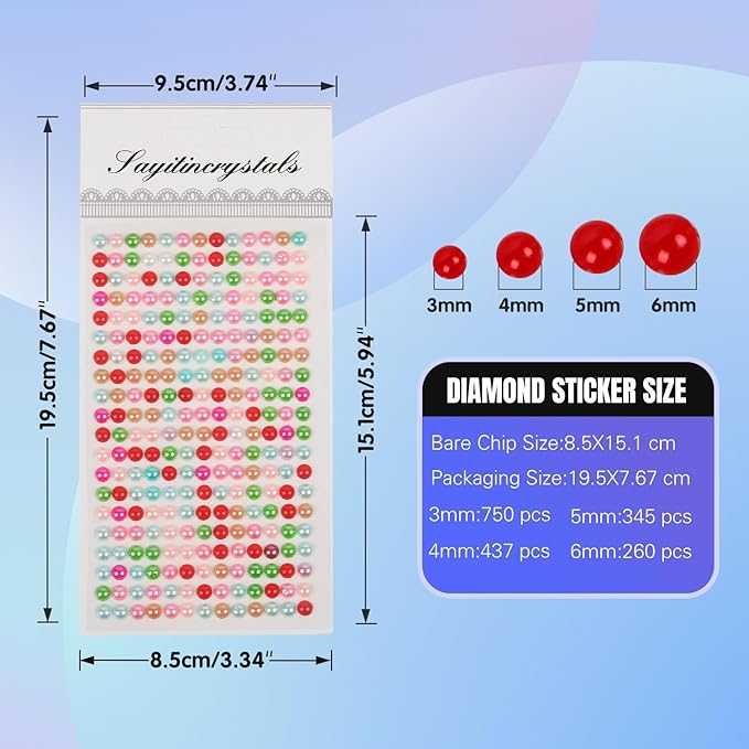 8 Sheets Rhinestone Stickers，3584 Pcs Gem Stickers for DIY Face Eyes Makeup Hair（Colored Pearl-3/4/5/6mm）