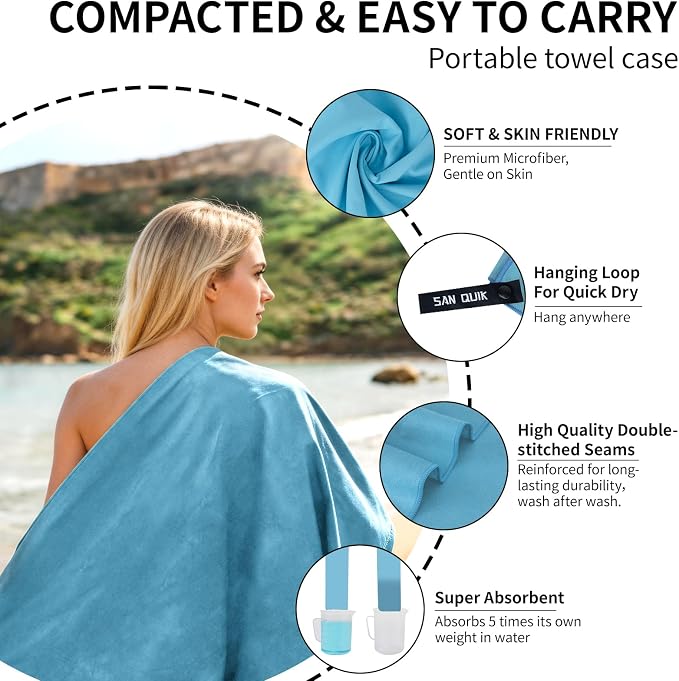 Quick Dry Camping Towel with EVA Case, Microfiber Travel Towel 3 Size at 1 Pack, Super Absorbent Lightweight Fast Drying Towel Set for Beach, Gym, Sports, Backpacking, Yoga & Swimming Pool, Baby Blue