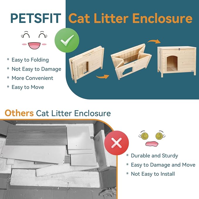 Petsfit Folding Litter Box Enclosure, No Tools Required for Assembly, Cat Litter Box Furniture Hidden, Fit Most of Litter Box, Dog House Cat House, 30" L×21" W×24.5" H