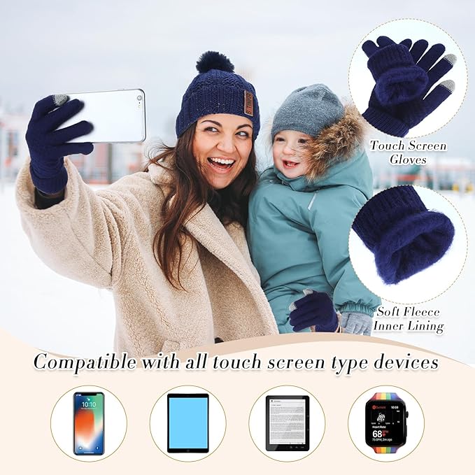 SATINIOR 5 Pcs Winter Hat Scarf Gloves Set Fleece Warm Lined Knit Beanie Hat Touch Screen Earmuff Gloves Warmer for Women(Navy Blue,Classic Style)