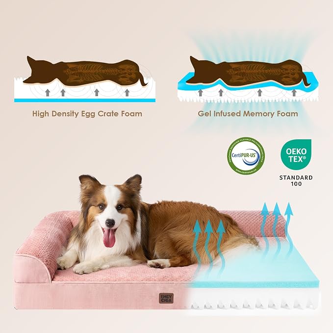EHEYCIGA Memory Foam Dog Bed Large Size Dogs, Orthopedic Dog Bed Large with Washable Removable Cover, Waterproof Pet Sofa Couch with Nonskid Bottom, 36x27x6, Pink | Washable Removable Cover, Waterproof Flat Pet Sofa Couch with Nonskid Bottom, 36x27x6