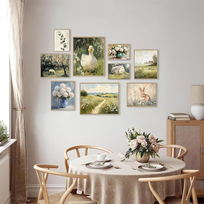 KBKBART 9pcs French Decor For Home - Country French Wall Art Posters, Easter Bunny Goose Pictures,Vintage Art Gallery Wall Prints Landscape Painting For Bedroom Decor(Unframed)