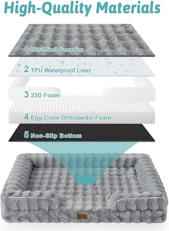 COZY KISS Faux Fur Orthopedic Dog Bed Washable for Extra Large Dogs, XL | Soft Warm Pet Sofa with Sides or Bolster, Non-Slip and Big Dog Couch with Removable Waterproof Cover, 44x32 inch, Grey