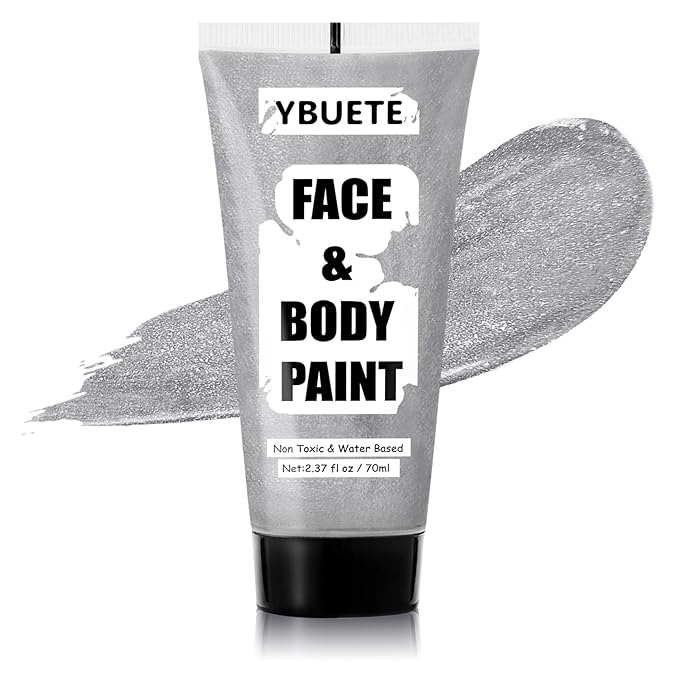 Silver Water Based Face Body Paint, 2.37 OZ Large Tube Full Coverage Face Paint for Skull Goth Cosplay, Washable Metallic Silver Body Painting Cream for Adult Carnival Halloween SFX Makeup