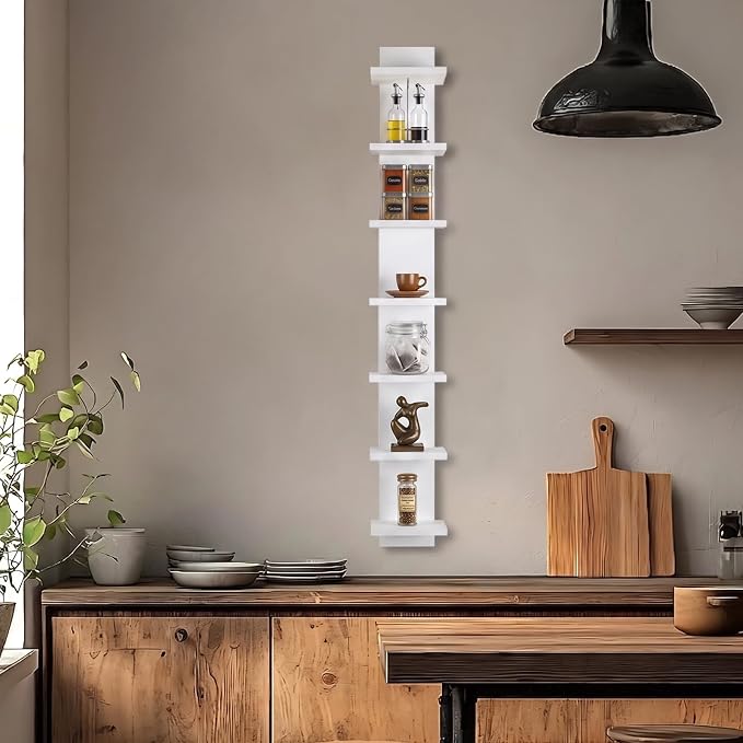 Small 7 Tier Vertical Wall Shelf for Home Decor & Makeup Vanity - White Narrow Display Storage Shelf for Small Spaces, Decorative Vanity Shelf