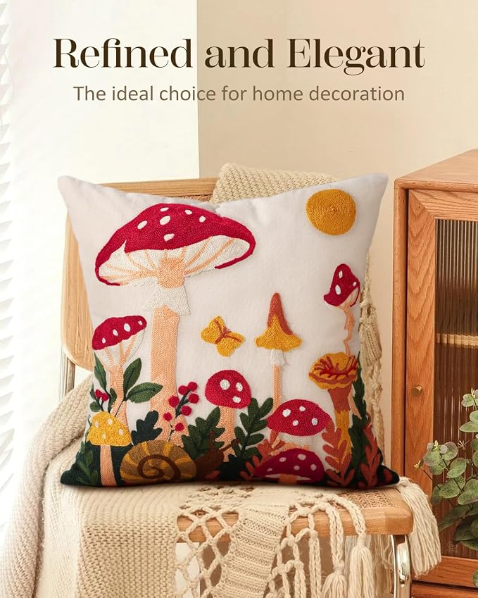 Embroidered Throw Pillow Cover 18x18 Inch, Mushroom Moon | Decorative Pillow Cover, Boho Cottagecore Cushion Case with Hidden Zipper, Home Decor for Couch, Sofa, Living Room, Bedroom