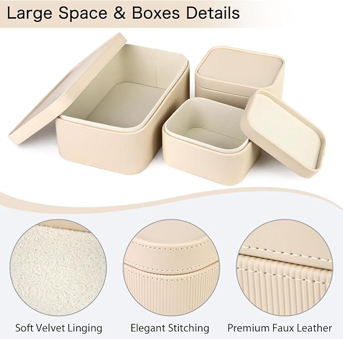 HofferRuffer Faux Leather Decorative Storage Boxes, Dust proof Storage Shelf Baskets with Lids Trays, Storage Bins Memory Box Organizer for Home, Office, Jewelry & More, Set of 3 (Beige)
