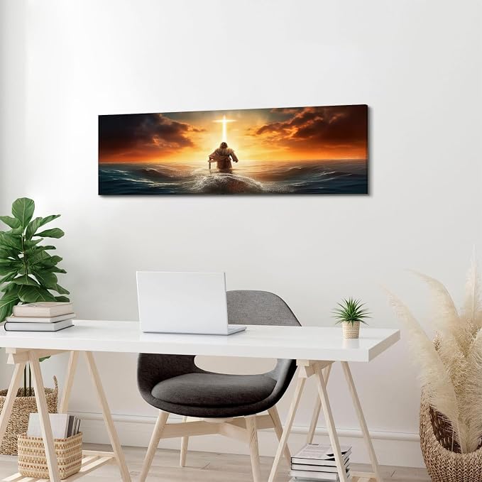 Christian Bible Canvas Wall Art for Bedroom Above Bed, Jesus Walking on Water Picture Wall Decor Sunrise Ocean Sea Cross Painting Prints Spirit Religious Faith Poster Artwork Office Decorations 14x48"