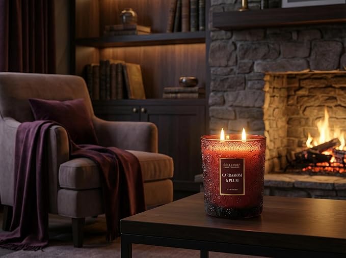 Bellevue Luxury Candles, 12 OZ Soy Blend Candle, Embossed Glass, Fragrances formulated with Essential Oils, Home Fragrances, Scented Candles Gift Set ǀ Scent: Cardamom & Plum