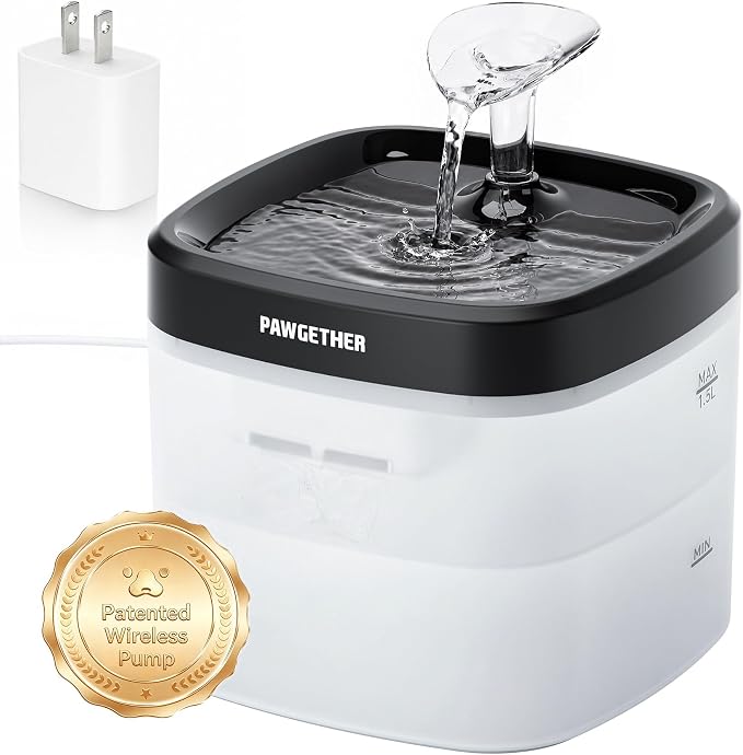 PAWGETHER® Cat Water Fountain with Wireless Pump 51oz/1.5L Dog Water Fountain, Ultra Quiet Automatic Pet Water Fountain Portable Indoor Outdoor Travel Small Dog Water Dispenser with Adapter Black