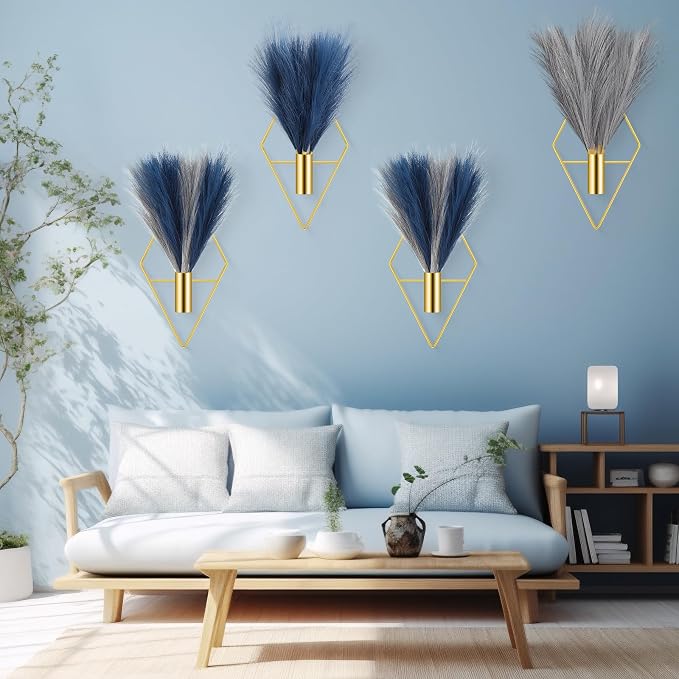 Hanaive 4 Sets Boho Wall Decor Metal Wall Art Hanging Planters with Artificial Pampas Display Modern Home Vase for Bedroom Home Office(Soft,Blue,Light Gray)