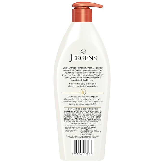 Jergens Deep Restoring Argan Oil Moisturizer, Soothing Body and Hand-Lotion with Reviving Argan_Oil and Vitamin E, Oil-Infused, Dermatologist Tested, 16.8 oz (Pack of 2)