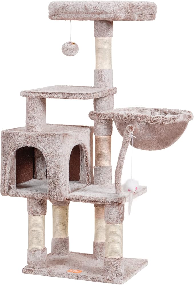 Heybly Cat Tree with Toy, 43.3 inch Cat Tower for Indoor Cats HCT004SMU | Cat Condo with Durable Sisal Scratching Posts, Cat House with Padded Plush Perch, Cozy Hammock, Rosy Brown
