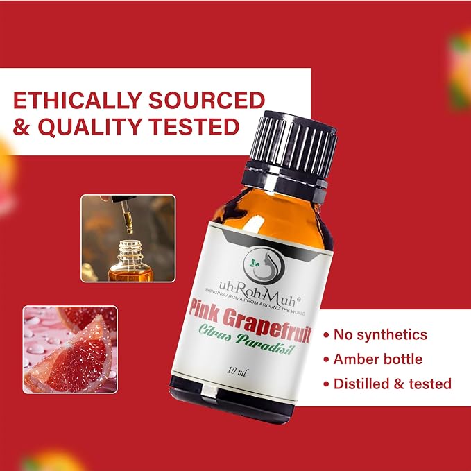 Pink Grapefruit Essential Oil Cold Pressed Citrus Paradisi Peel Oil Fresh Citrus Aroma Top Note Essential Oil for Aromatherapy Diffuser Skincare Haircare and Natural DIY Cosmetic Blends - 10 ml