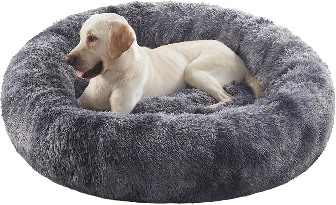 45 in Faux Fur Donut Dog Bed for Extra Large Dogs,Tie-dye Grey | Calming Plush Round Jumbo Fluffy Pet Bed with Removable & Washable Cover,Fits up to 120 lbs Pets