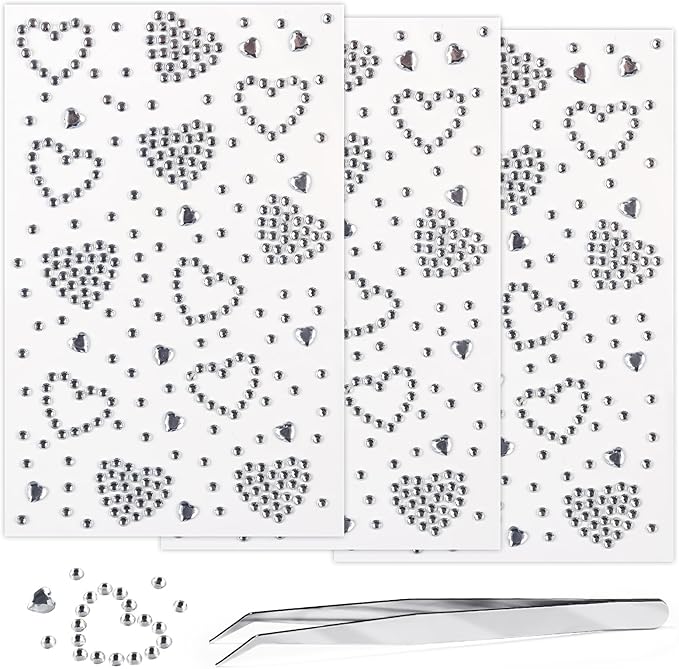 3 Sheers Self Adhesive Heart Stickers White Heart Rhinestone Sticker Face Jewel Stick on Face Makeup Sticker for Valentine's Day Acrylic Crystal Pearls for Body Face Nails Crafts Decoration